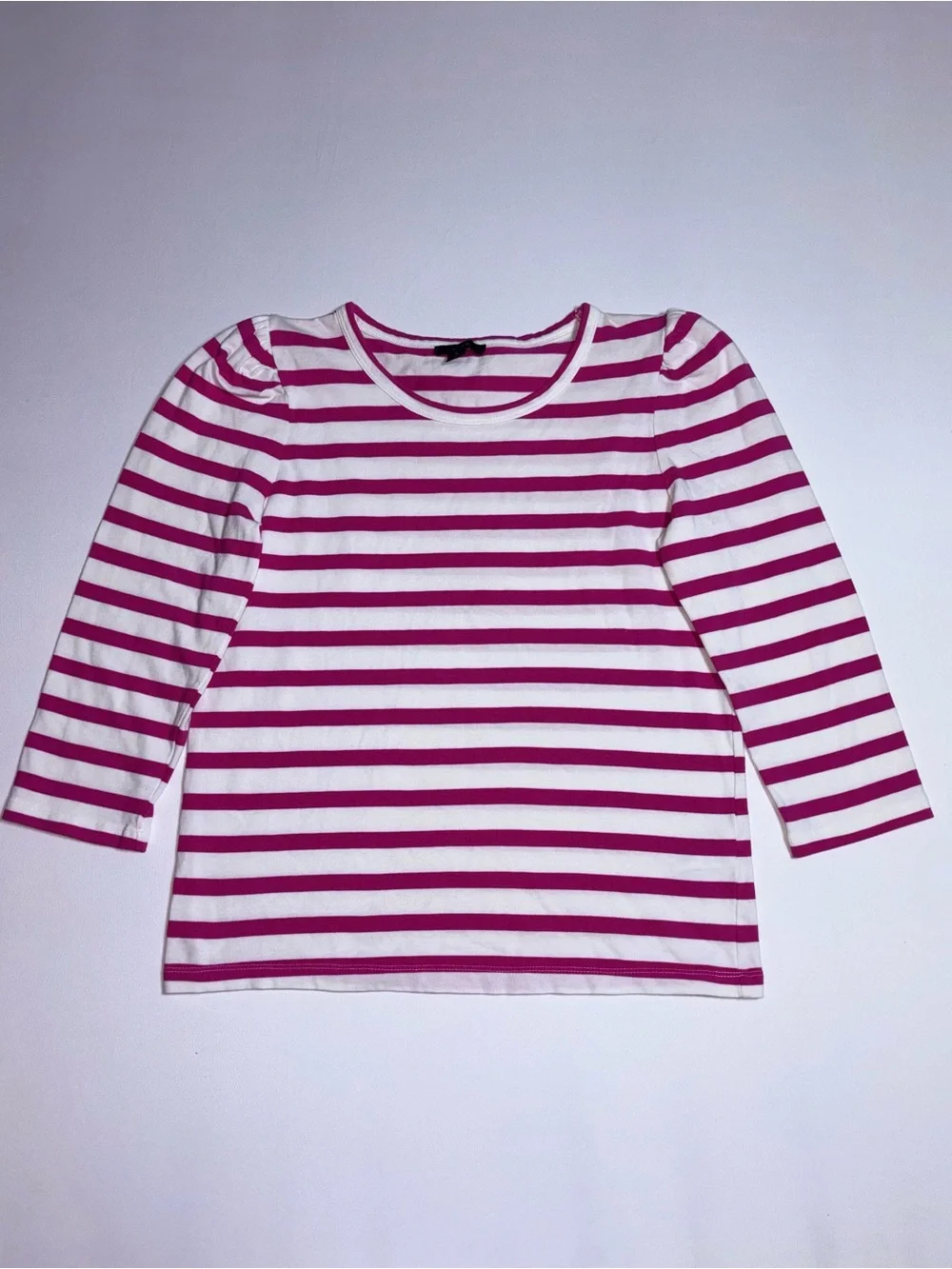 J. Crew Striped Puff-Sleeve 3/4 Sleeve Tee Fuchsia and White - Women’s Small